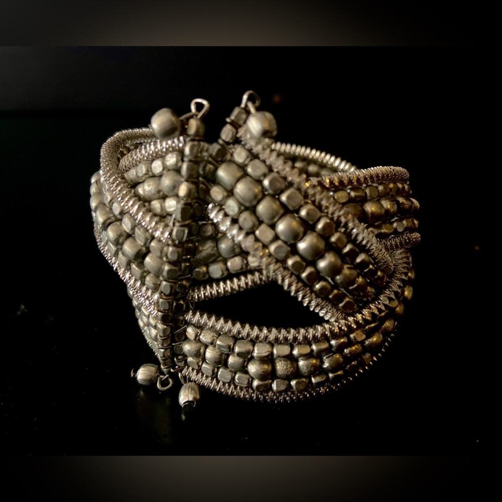Boho Intertwining Silver Beaded Cuff Bracelet - image 4